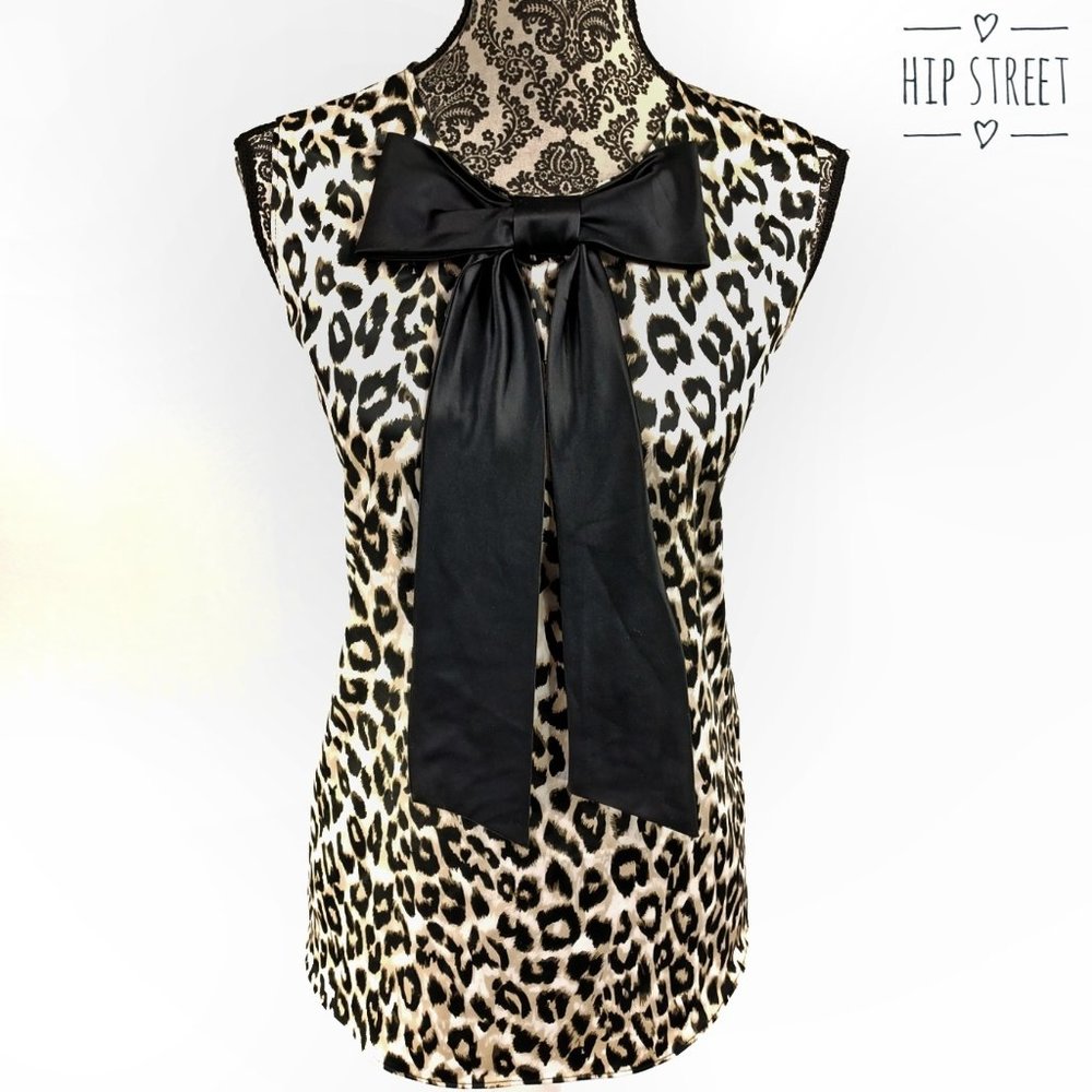 TAHARI Blouse Tank Top Shell Sleeveless Satin Leopard Print Bow Neck L